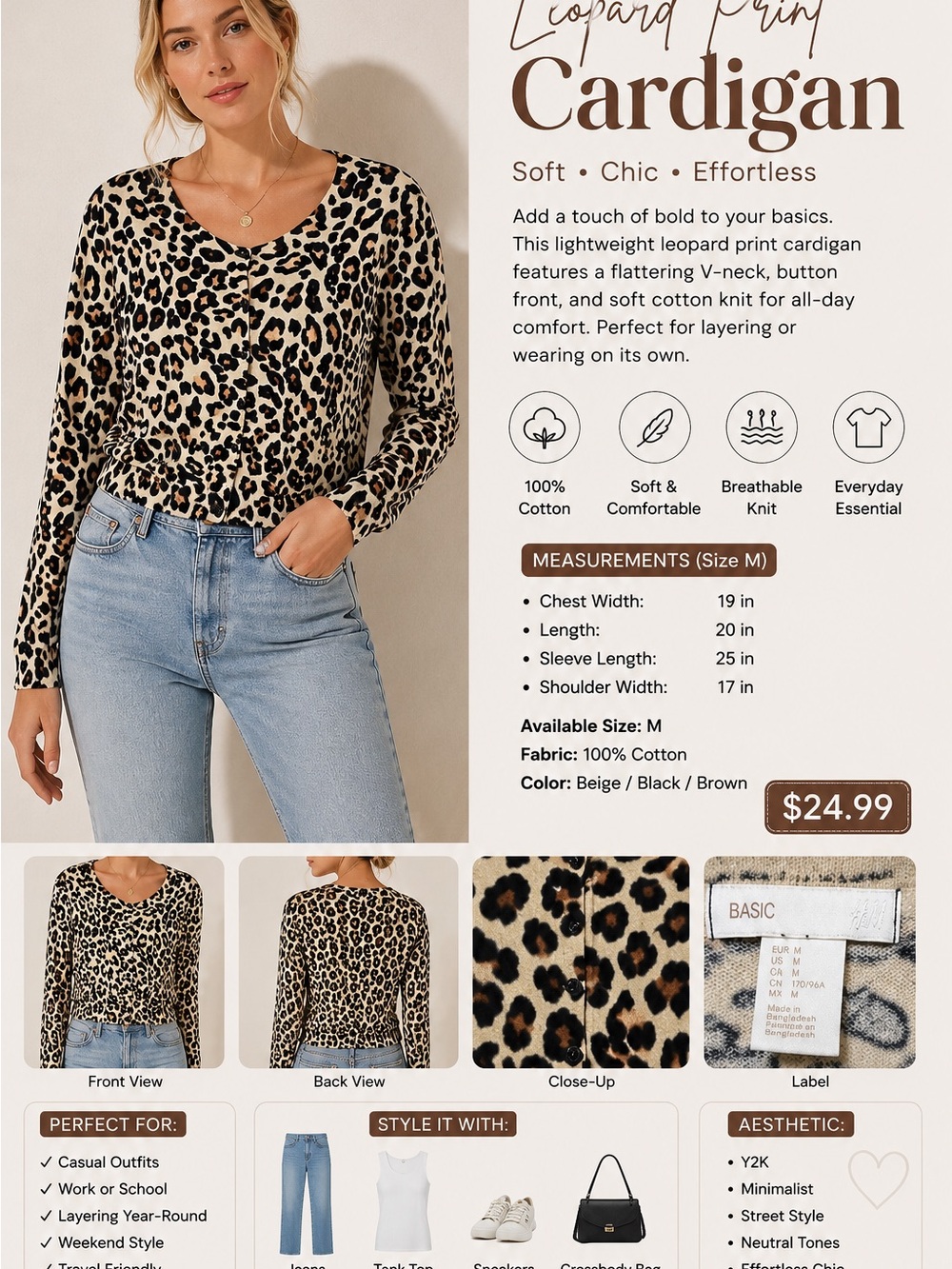 H&M Leopard Print Cardigan - Beige, Black